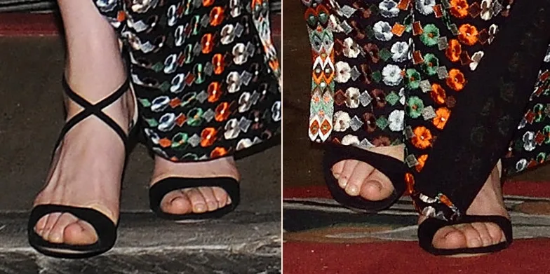 Kate Bhutan Dinner Sandals Shoes Feet Closeups Gianvito Rossi Criss Cross or Sisely Sandals Tory Burch Gown April 14 2016